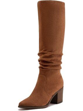 Women Knee High Boots Chunky Heel Faux Suede Square Toe Boots Pointed Toe Brown